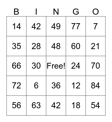 Multiplication Bingo Card