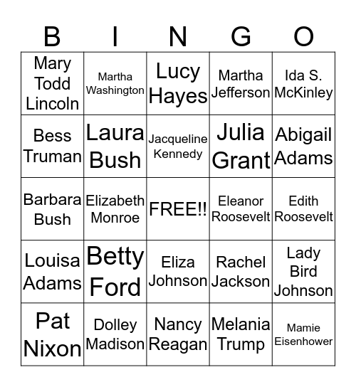 Presidents Wives Bingo Card