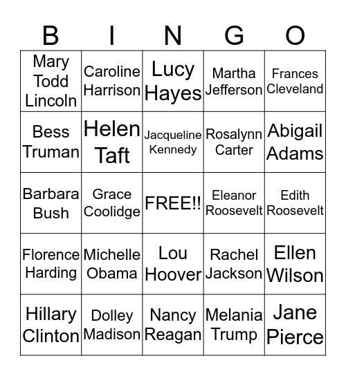 Presidents Wives Bingo Card