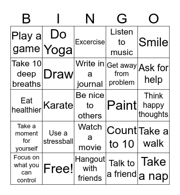 Coping Skills Bingo Card