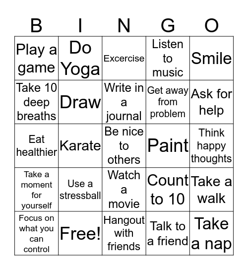 Coping Skills Bingo Card