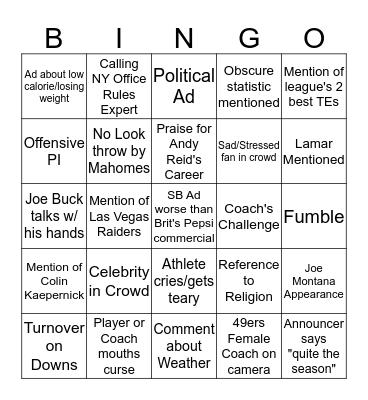 Super Bowl Bingo Card