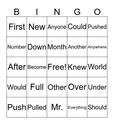 Sight Word Bingo Card