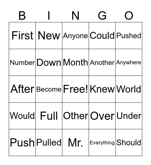 Sight Word Bingo Card