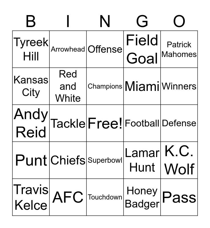 Kansas City Chiefs Bingo Bingo Card