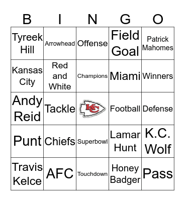 Kansas City Chiefs Bingo  Bingo Card