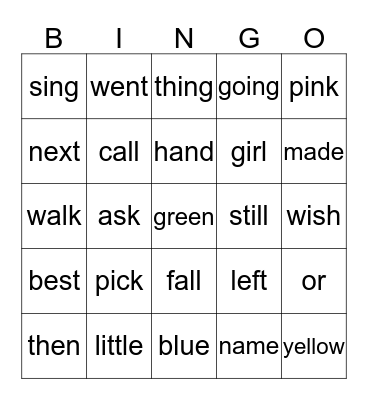 sight word bingo 5 Bingo Card