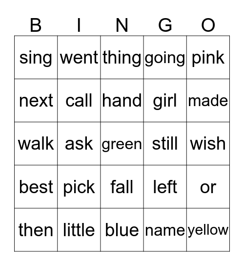 sight word bingo 5 Bingo Card