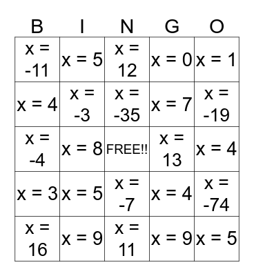 ALGEBRA BINGO Card