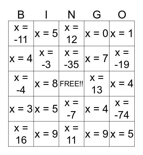 ALGEBRA BINGO Card