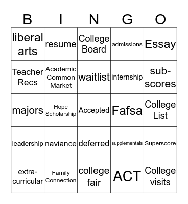College Counseling Bingo Card