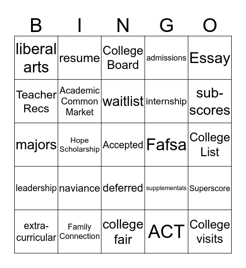 College Counseling Bingo Card