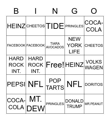 Super Bowl Commercial Bingo Card