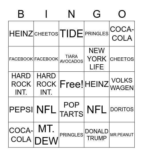 Super Bowl Commercial Bingo Card