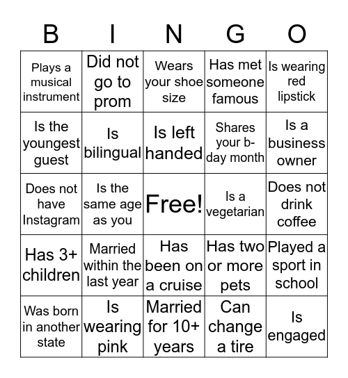 Find The Guest Bingo Card