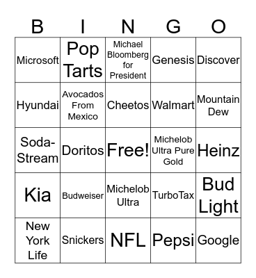 Super Bowl LIV Commercial Bingo Card