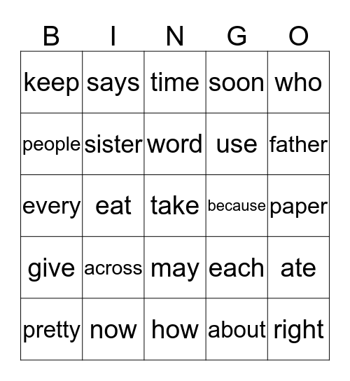sight word bingo 7 Bingo Card