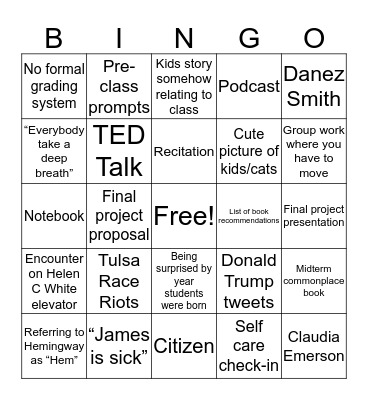 The Sarah Wood Bingo Card