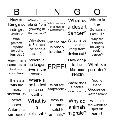 Unit 6 - Extreme Environments Bingo Card