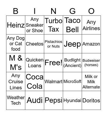 2020 Superbowl Commercials Bingo Card