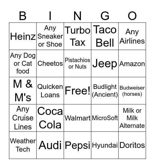 2020 Superbowl Commercials Bingo Card