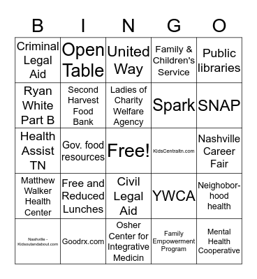 Community Resources Bingo Card