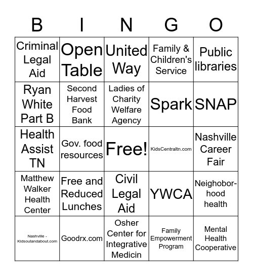 Community Resources Bingo Card