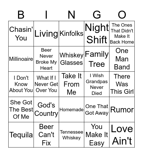 Today's Country Hits Bingo Card