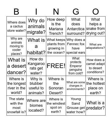 Unit 6 - Extreme Environments Bingo Card