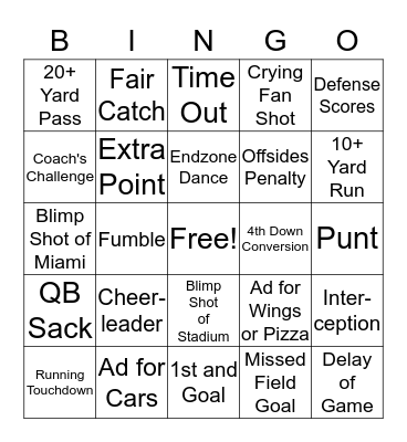 Super Bowl Bingo Card