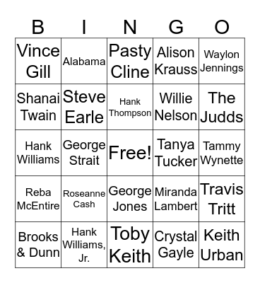 Country Music Bingo Card