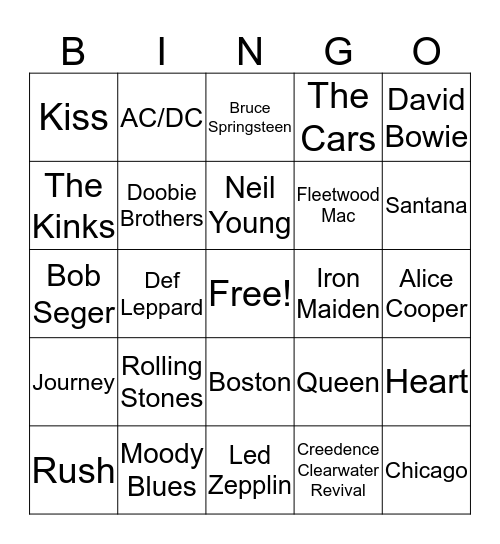 Classic Rock Bingo Card