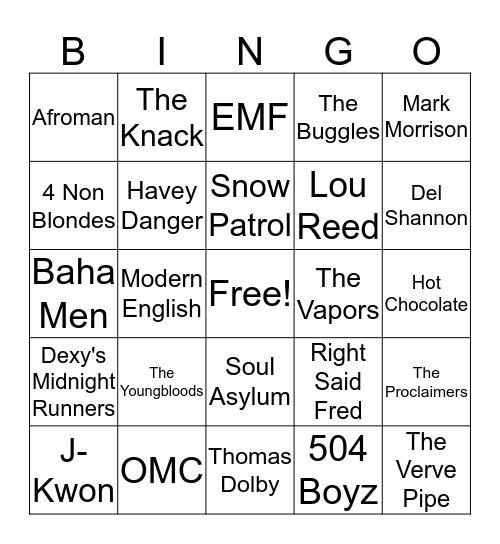 One Hit Wonders Bingo Card