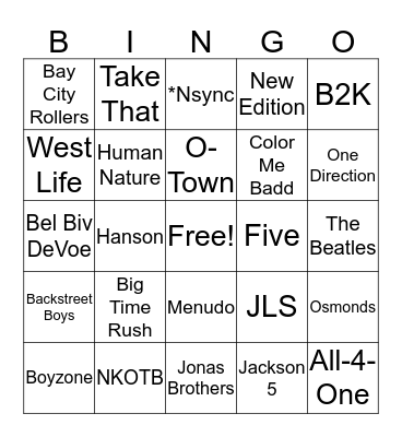 Boy Bandz Bingo Card