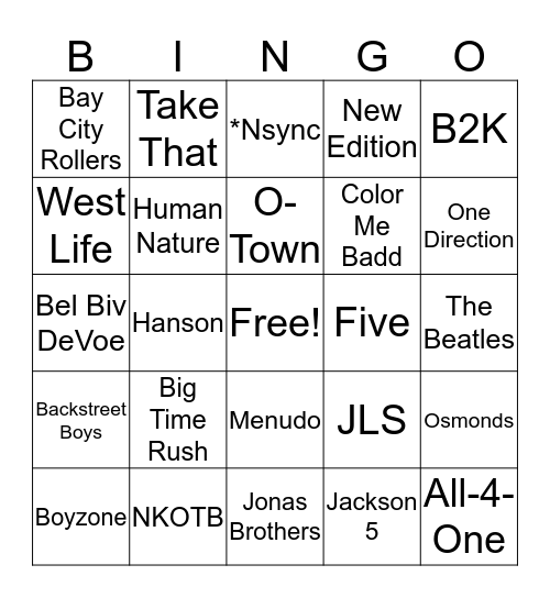 Boy Bandz Bingo Card