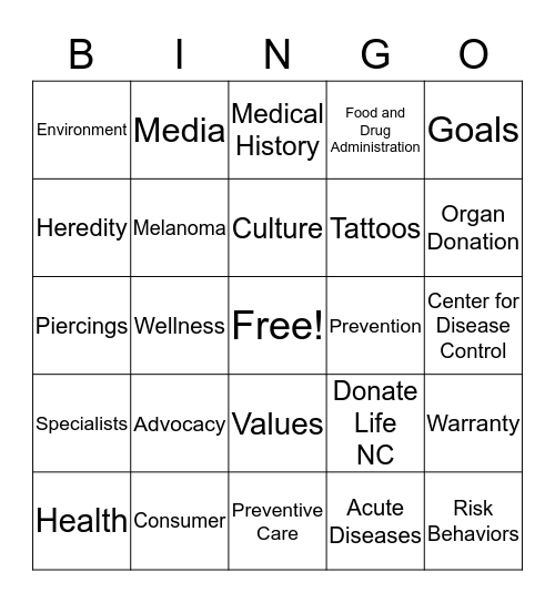 Personal and Consumer Health Bingo Card