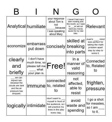Analyze Arguments Cycle 1 Bingo Card