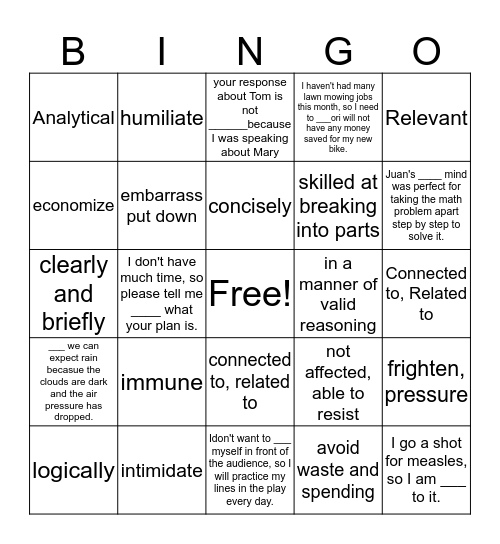 Analyze Arguments Cycle 1 Bingo Card