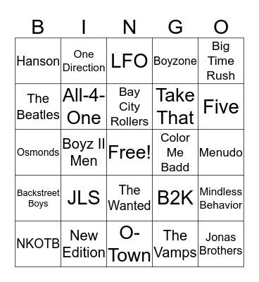 Boy Bandz Bingo Card