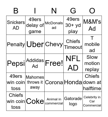 Super Bowl BINGO! Bingo Card