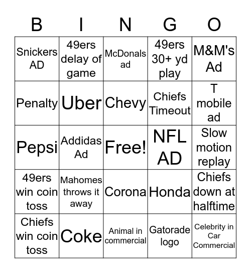 Super Bowl BINGO! Bingo Card