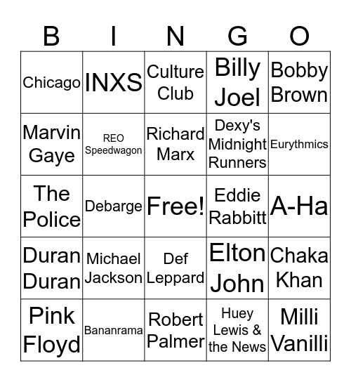 80's Music Bingo Card