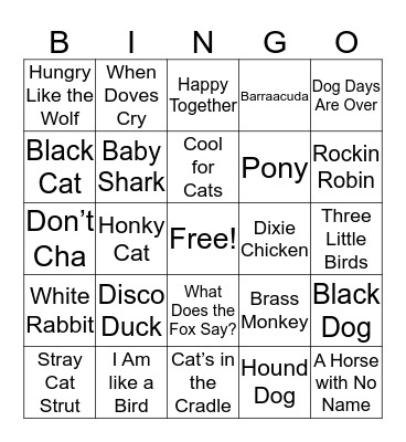 Animal Music  Bingo Card