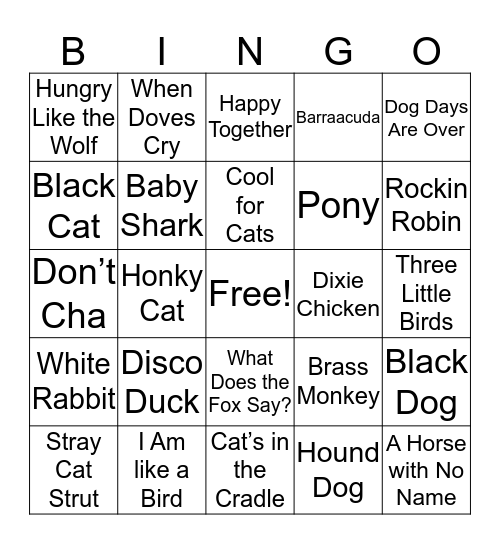 Animal Music  Bingo Card