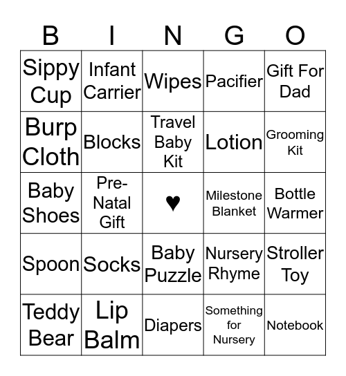 Caroline's Baby Shower Bingo Card