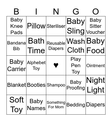 Caroline's Baby Shower Bingo Card