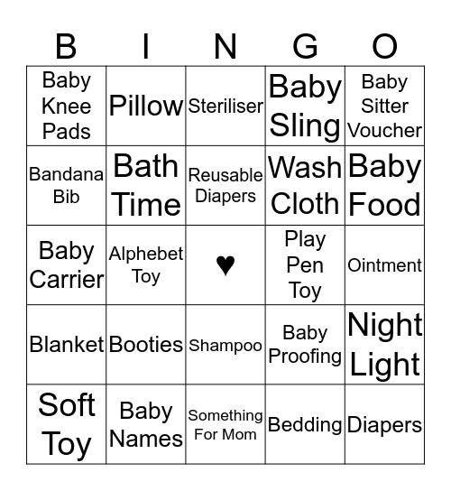 Caroline's Baby Shower Bingo Card