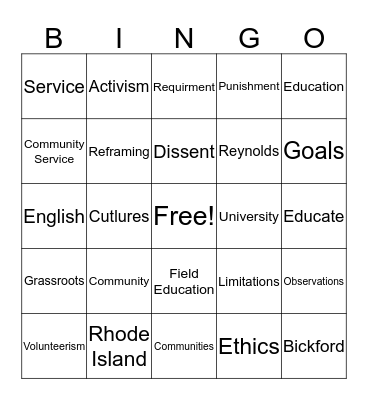 Service-Learning & Activism Bingo Card