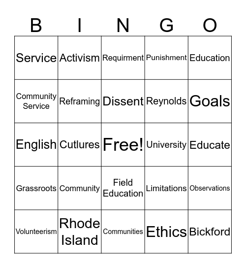 Service-Learning & Activism Bingo Card