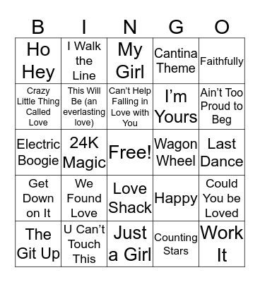 Wedding Songs  Bingo Card